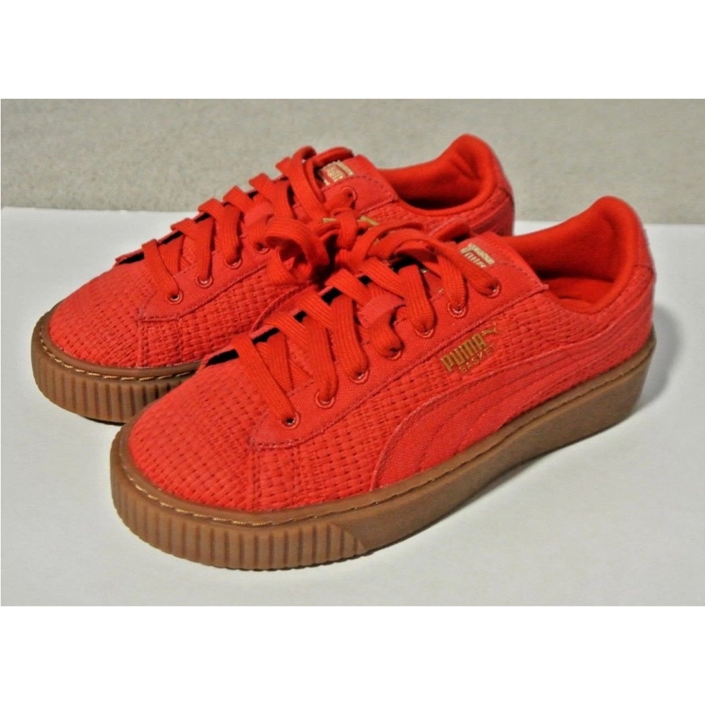 Puma Basket Weave Platform Red Women’s Sneakers NEW